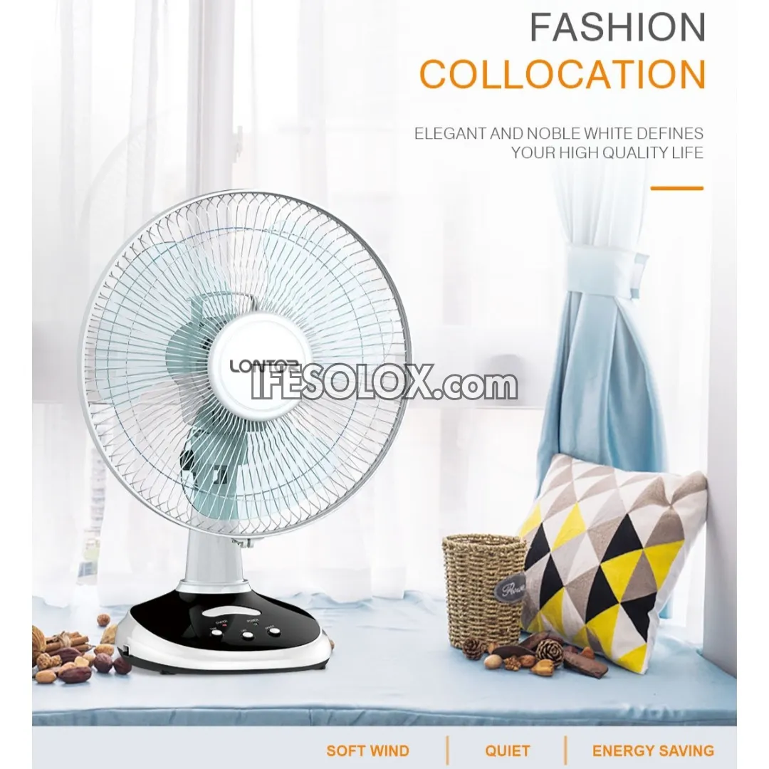 LONTOR 12" Rechargeable Solar Table Fan with 3-Blades (CTL-CF025-12) - Brand New