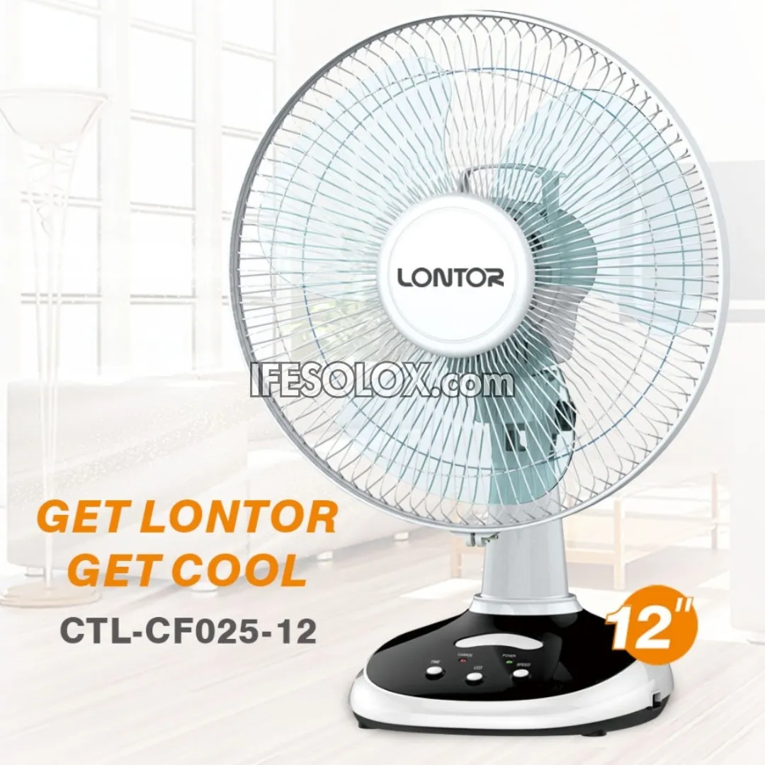 LONTOR 12" Rechargeable Solar Table Fan with 3-Blades (CTL-CF025-12) - Brand New