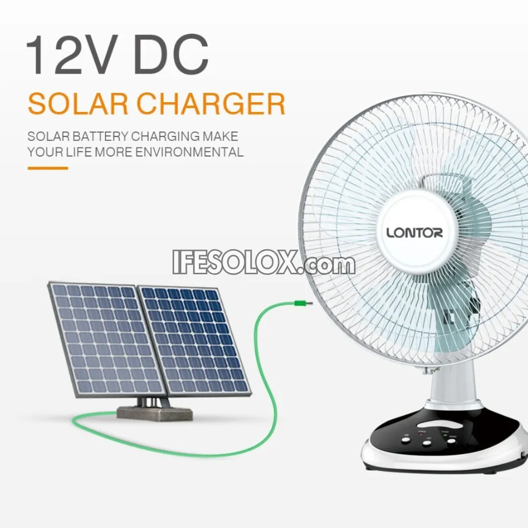 LONTOR 12" Rechargeable Solar Table Fan with 3-Blades (CTL-CF025-12) - Brand New