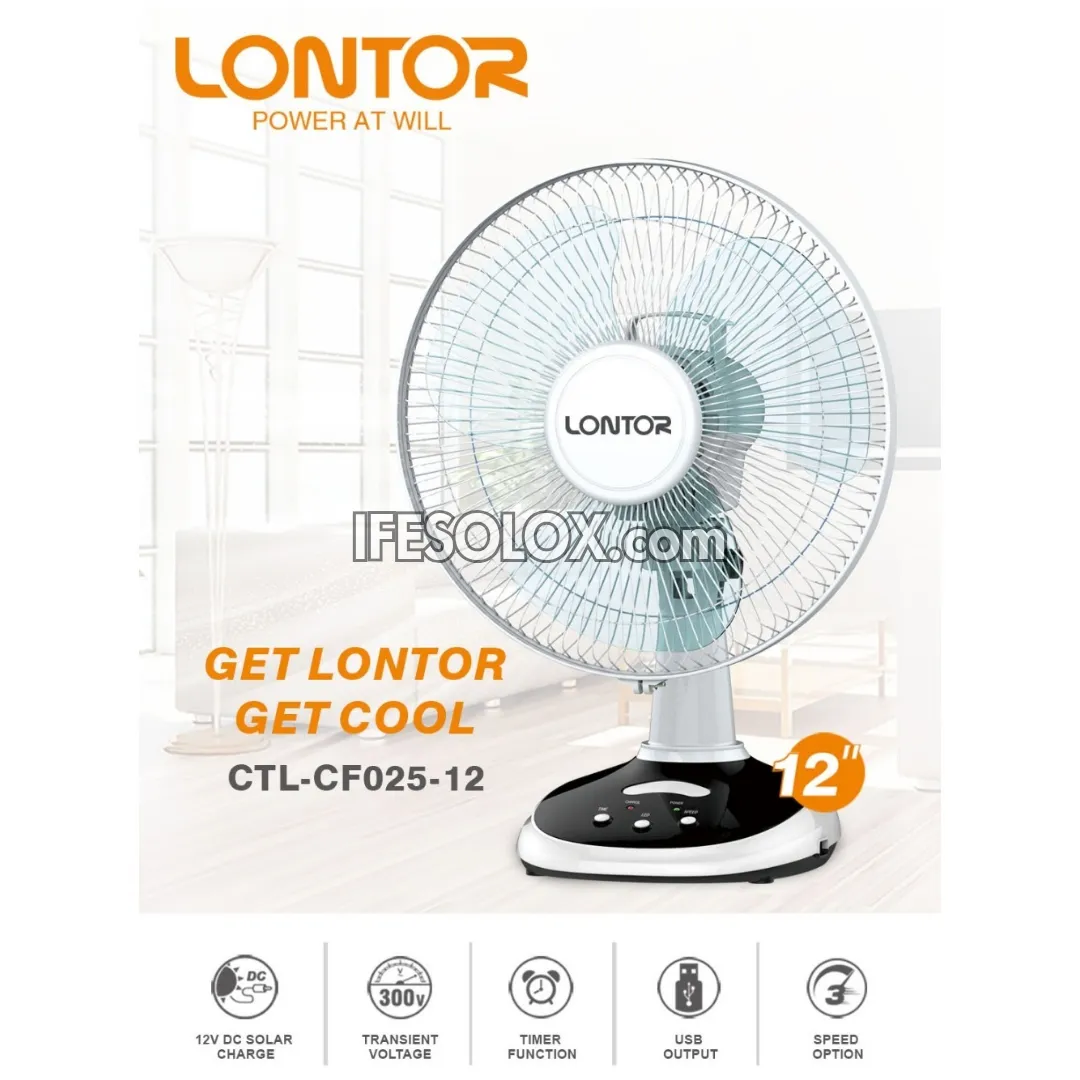 LONTOR 12" Rechargeable Solar Table Fan with 3-Blades (CTL-CF025-12) - Brand New