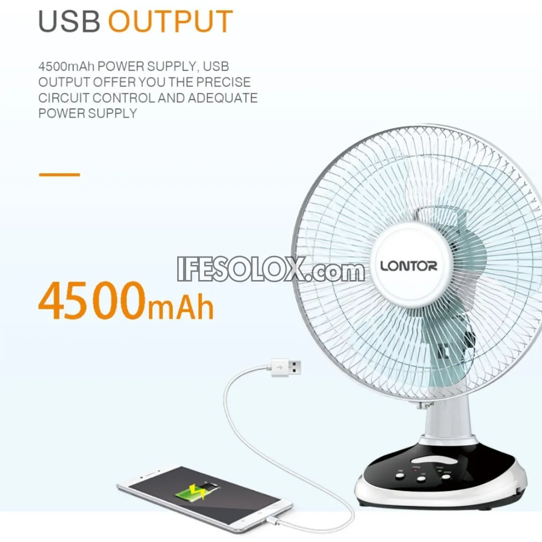 LONTOR 12" Rechargeable Solar Table Fan with 3-Blades (CTL-CF025-12) - Brand New