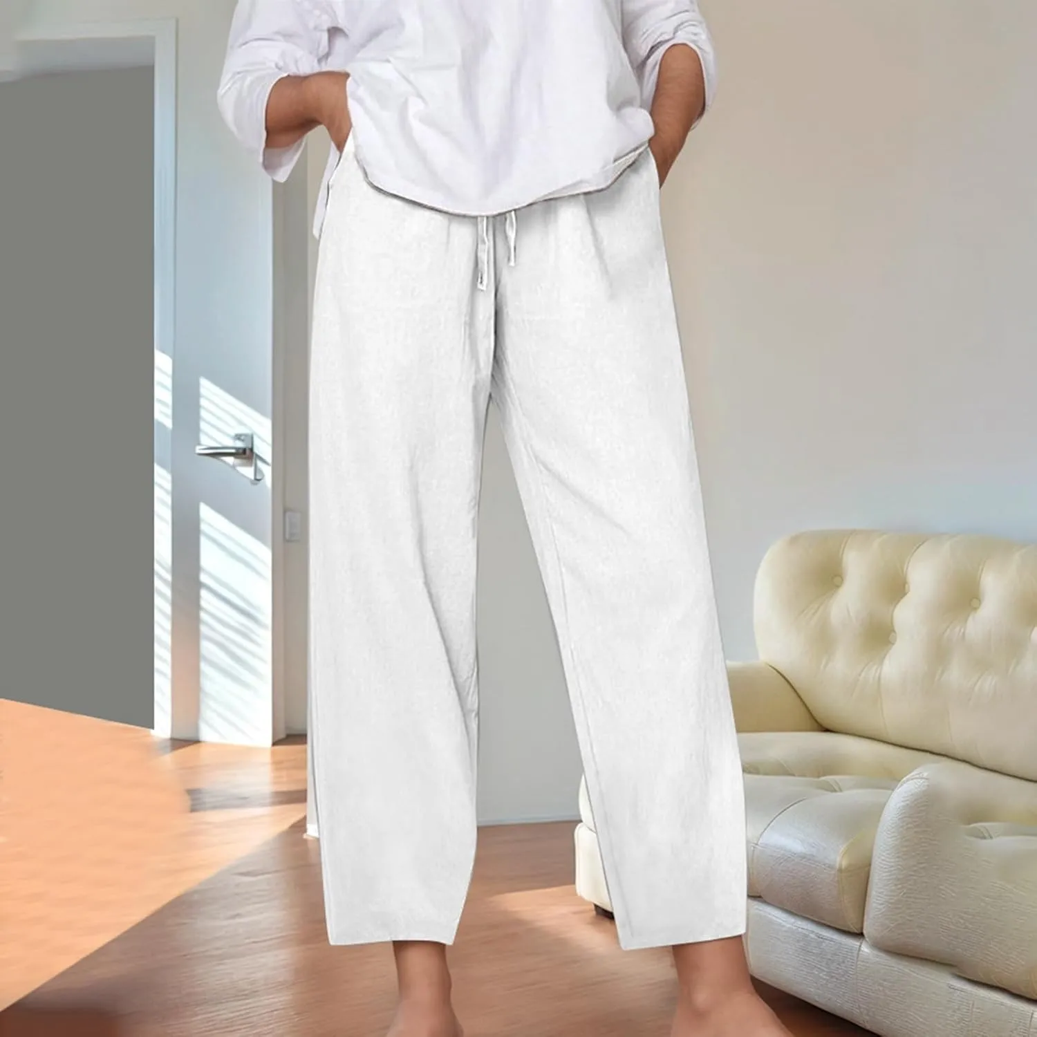 Lounge Linen Pants Women Summer Casual Solid Color Boho Plus Size High Waisted Linen Pants Plus Size Trousers with Pockets