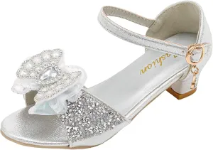 Low Heels Open Toe Princess Sandal Girls Sandals Rhinestone Bow Shoes Children's High Heels Non Slip Little Girl Shoes