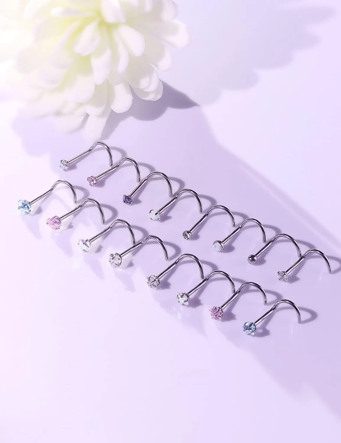 Lsnevsie 20G Stainless Steel Opal Nose Rings Studs for Women Men Nose Piercing Jewelry Top Diamond 2mm 3mm