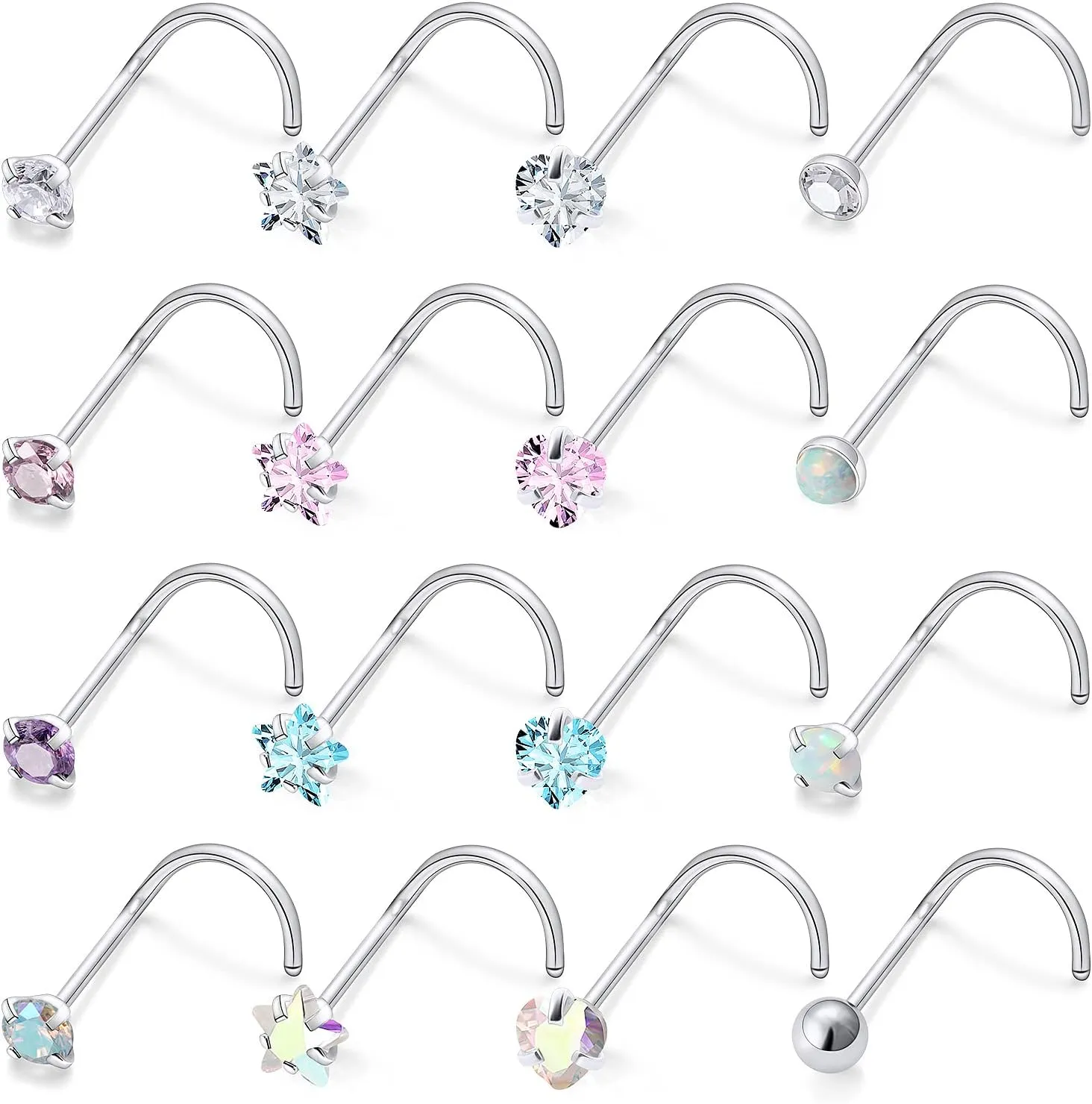 Lsnevsie 20G Stainless Steel Opal Nose Rings Studs for Women Men Nose Piercing Jewelry Top Diamond 2mm 3mm