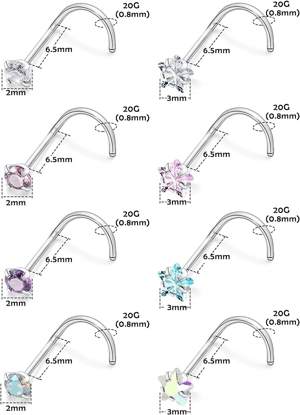 Lsnevsie 20G Stainless Steel Opal Nose Rings Studs for Women Men Nose Piercing Jewelry Top Diamond 2mm 3mm