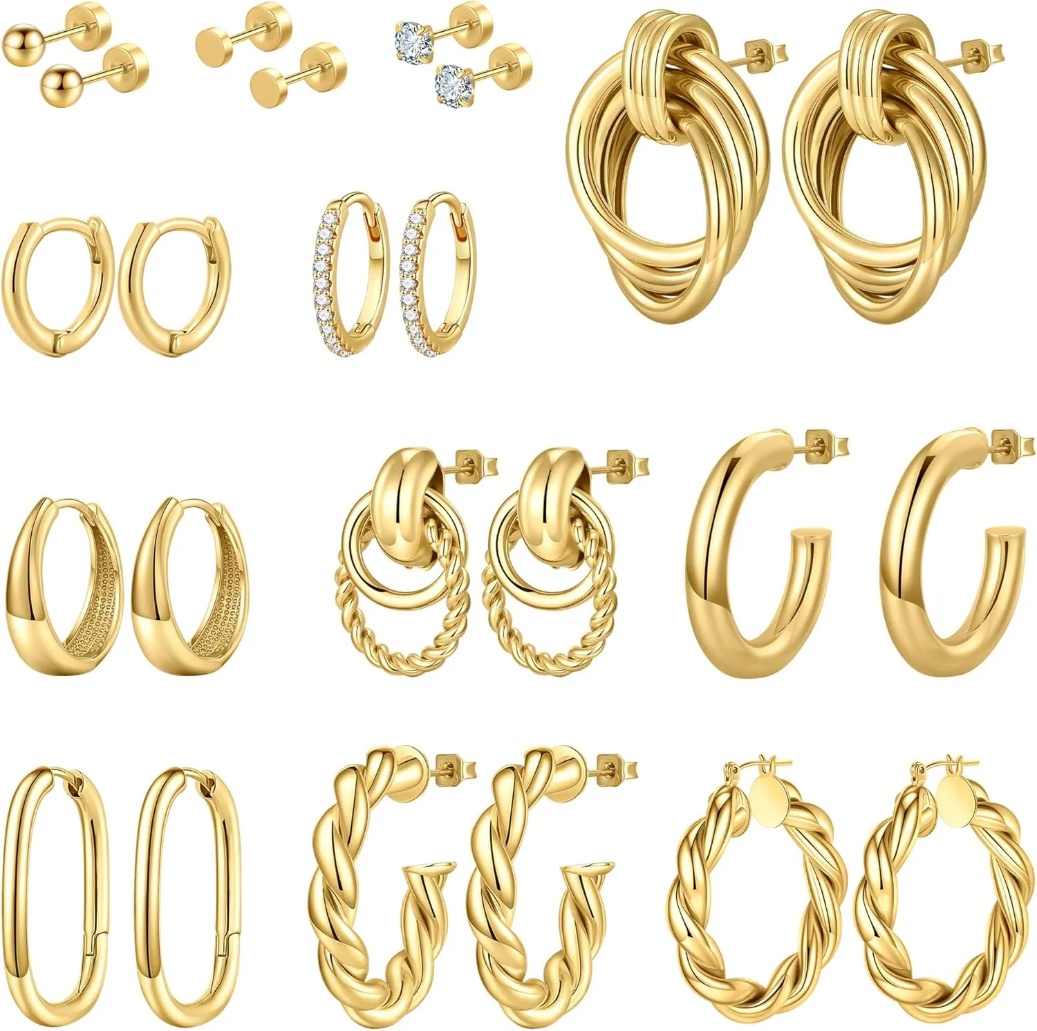 M MOOHAM 12 Pairs Hypoallergenic Gold Hoop Stud Earrings for Sensitive Ears - 14k Gold Flat Back Studs Cartilage Hoop Earring Nickel Free Dangle Earring Sets for Multiple Piercing Womens Jewelry Gifts