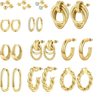 M MOOHAM 12 Pairs Hypoallergenic Gold Hoop Stud Earrings for Sensitive Ears - 14k Gold Flat Back Studs Cartilage Hoop Earring Nickel Free Dangle Earring Sets for Multiple Piercing Womens Jewelry Gifts