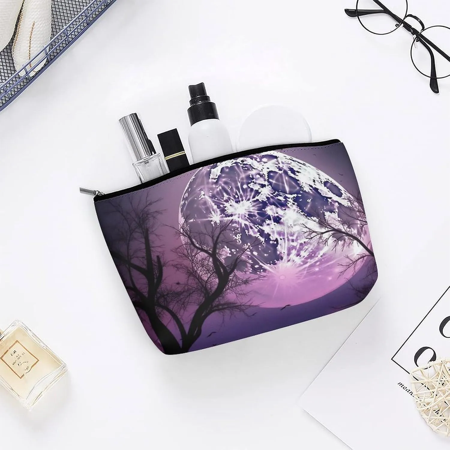 Makeup Bag Travel Cosmetic Bag Portable Purple Moon Night Sky Toiletry Bag Large Capacity Zipper Pouch Makeup Organizer Case Waterproof Toiletry Pouch for Women Men