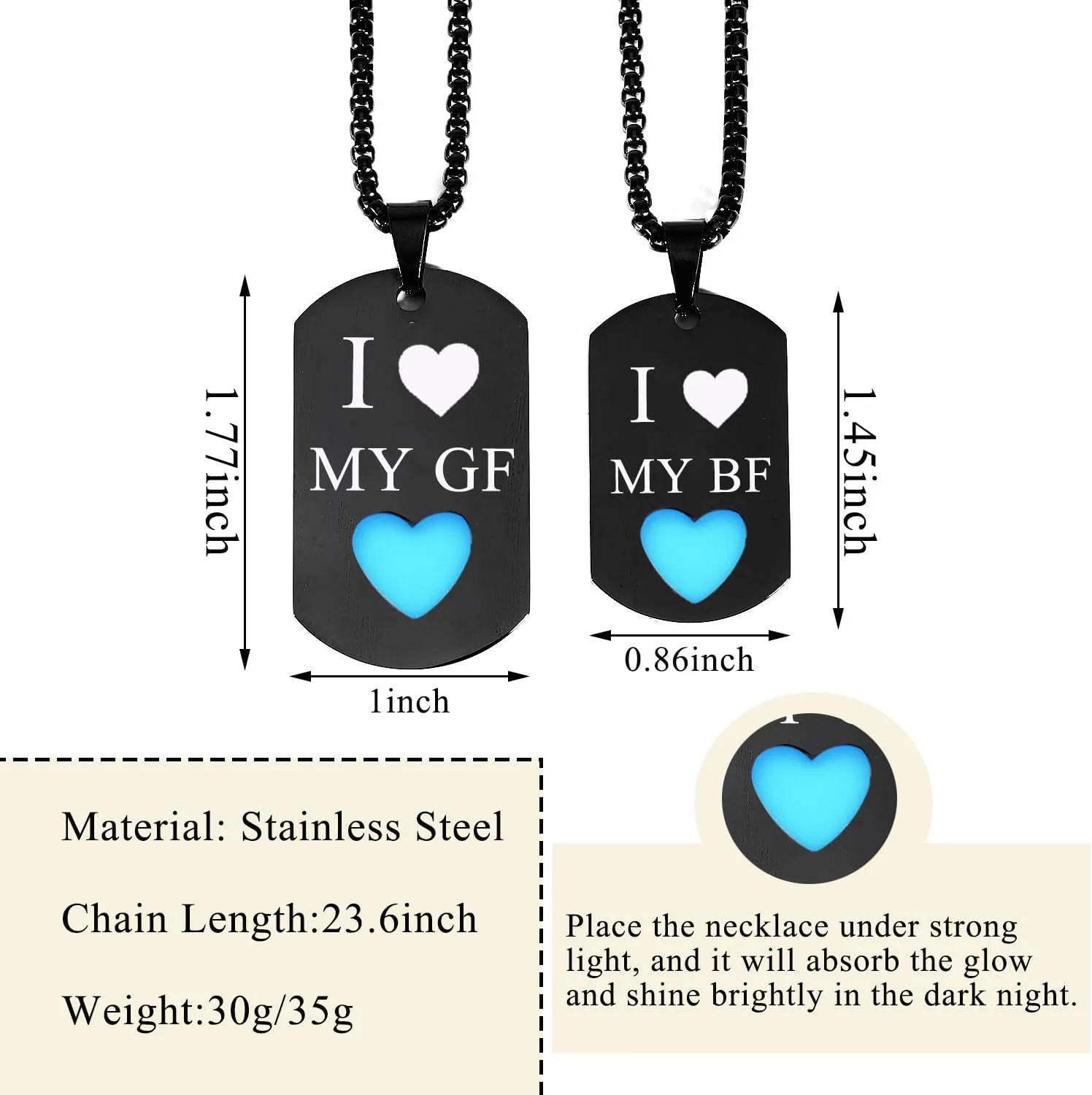 Matching Necklace For Couples, 2 Pcs I Love My Bf & Gf Engraved Stainless Steel Pendant Necklaces Glow In The Dark Heart Simple Dog Tag Necklace Valentine's Day Jewelry Gift