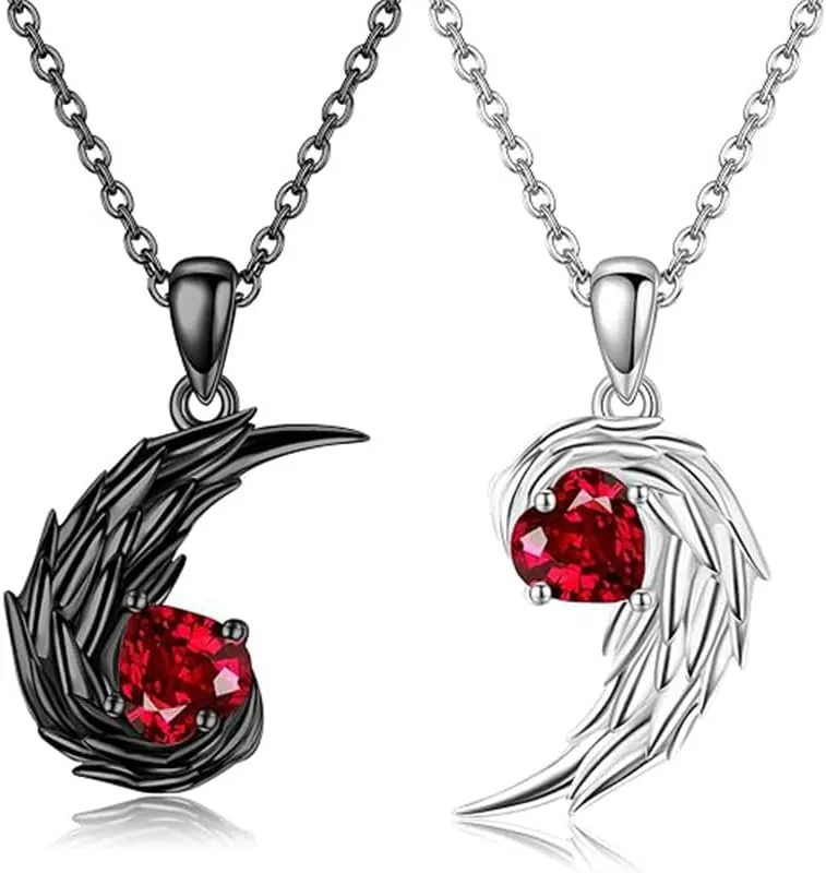 Matching Necklace set for Couples -Angel and demon-Angel Wings Ruby Promise Necklace Girlfriend gift for her or him Romantic gift-With exquisite packaging box as a gift
