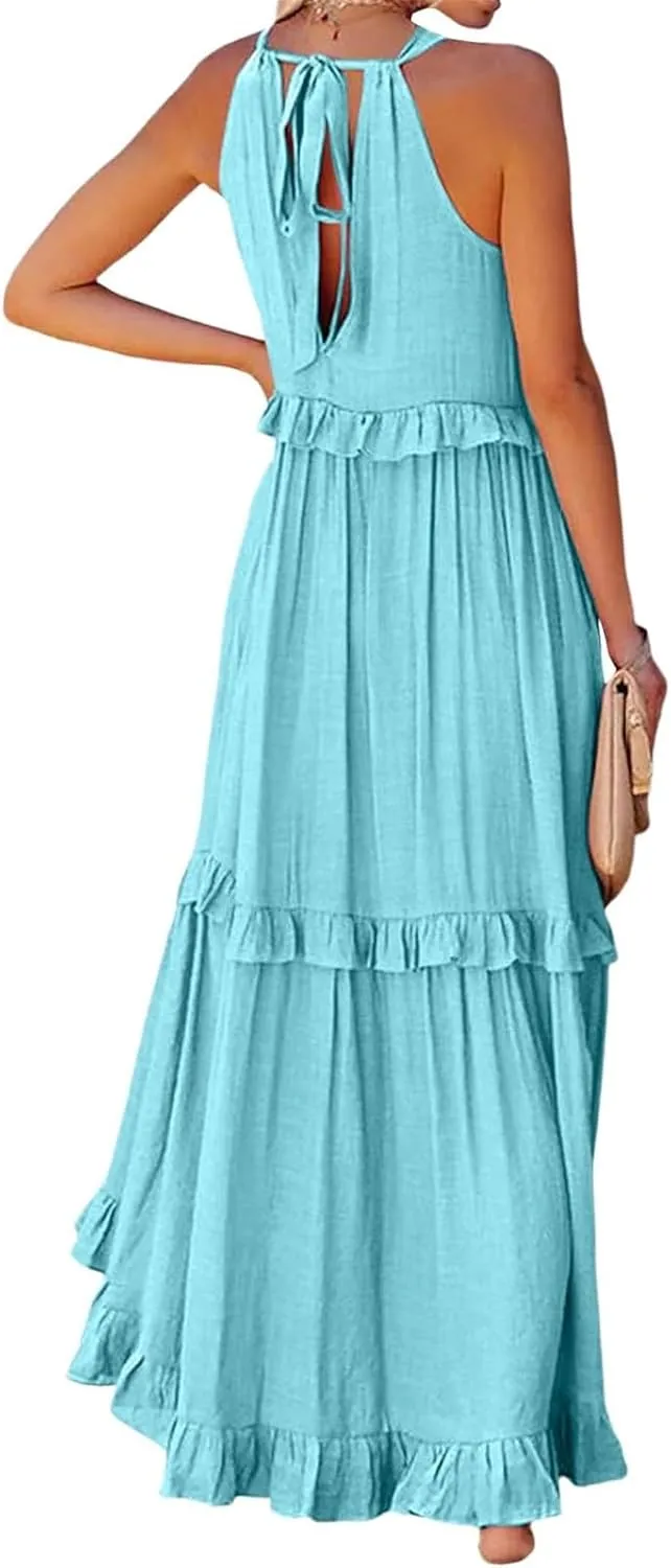 Maxi Dresses for Women 2025 Summer Sleeveless Halter Neck Tea Party Flowy Vacation Tiered Loose Long Dress
