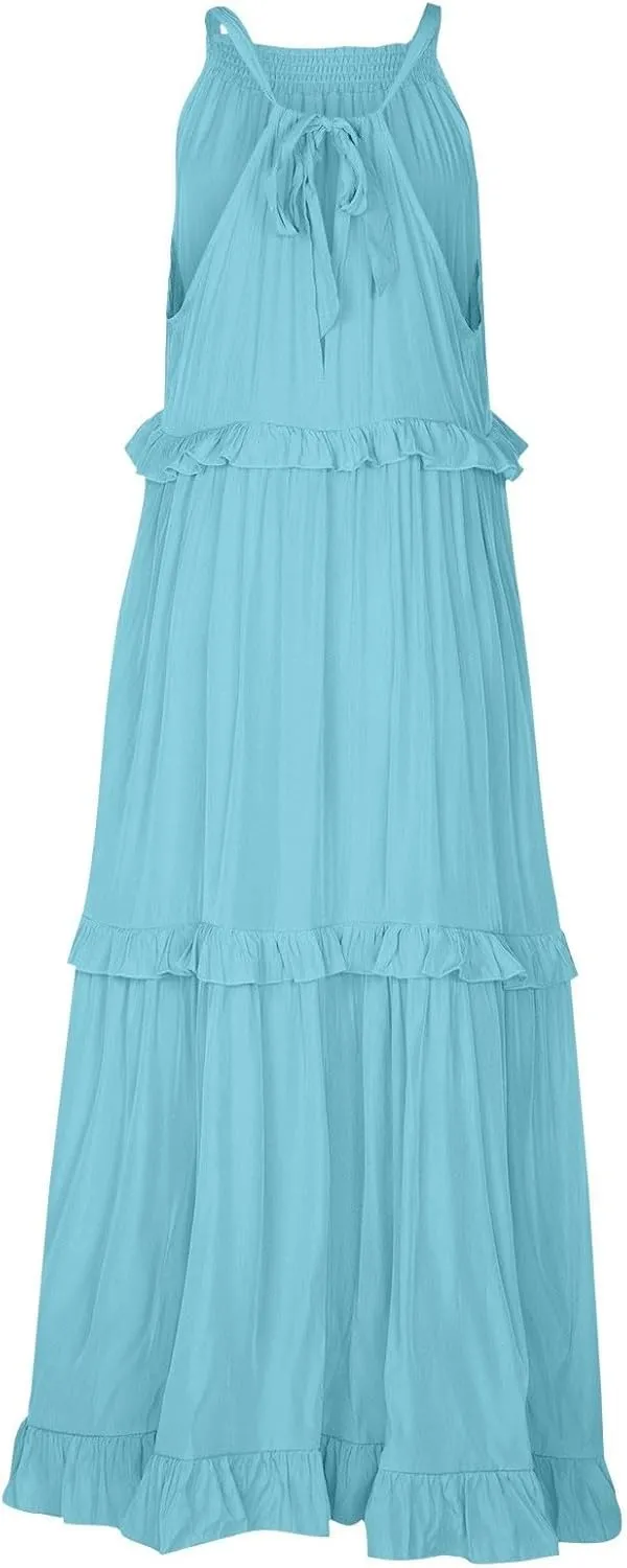 Maxi Dresses for Women 2025 Summer Sleeveless Halter Neck Tea Party Flowy Vacation Tiered Loose Long Dress