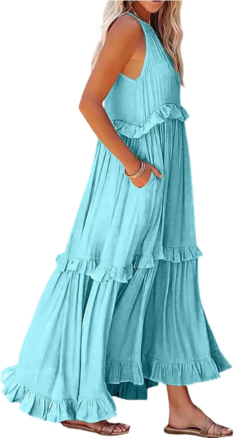 Maxi Dresses for Women 2025 Summer Sleeveless Halter Neck Tea Party Flowy Vacation Tiered Loose Long Dress