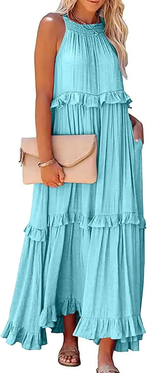 Maxi Dresses for Women 2025 Summer Sleeveless Halter Neck Tea Party Flowy Vacation Tiered Loose Long Dress