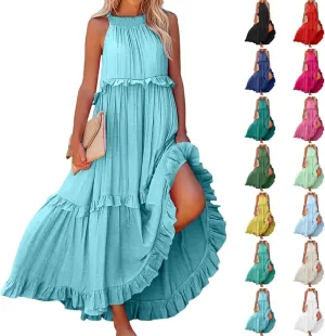 Maxi Dresses for Women 2025 Summer Sleeveless Halter Neck Tea Party Flowy Vacation Tiered Loose Long Dress