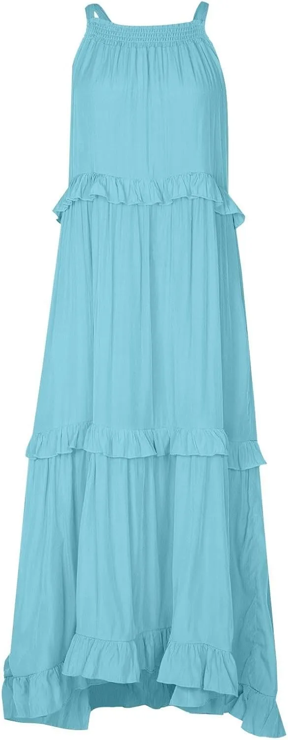 Maxi Dresses for Women 2025 Summer Sleeveless Halter Neck Tea Party Flowy Vacation Tiered Loose Long Dress