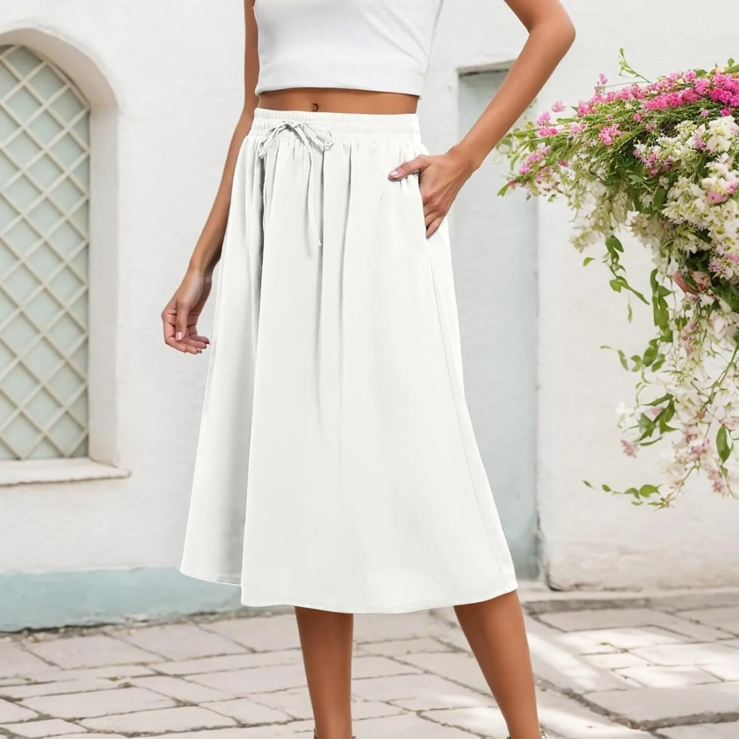 Maxi Skirts for Women 2025 Summer Vacation Comfy Drawstring Waist Pleated A-Line Beach Bohemian Casual Midi Skirts