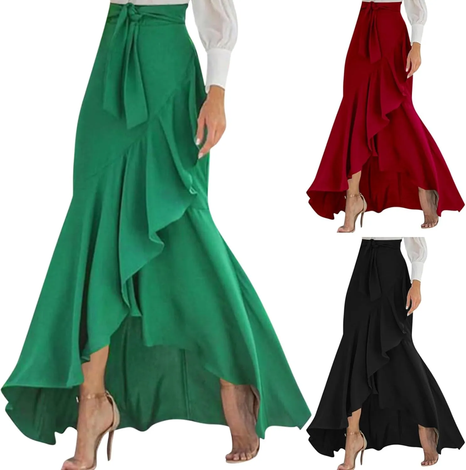 Maxi Skirts for Women High Waisted Ruffle Hem Elastic Business Casual Skirts Tie Split Flowy Solid Mermaid Skirts