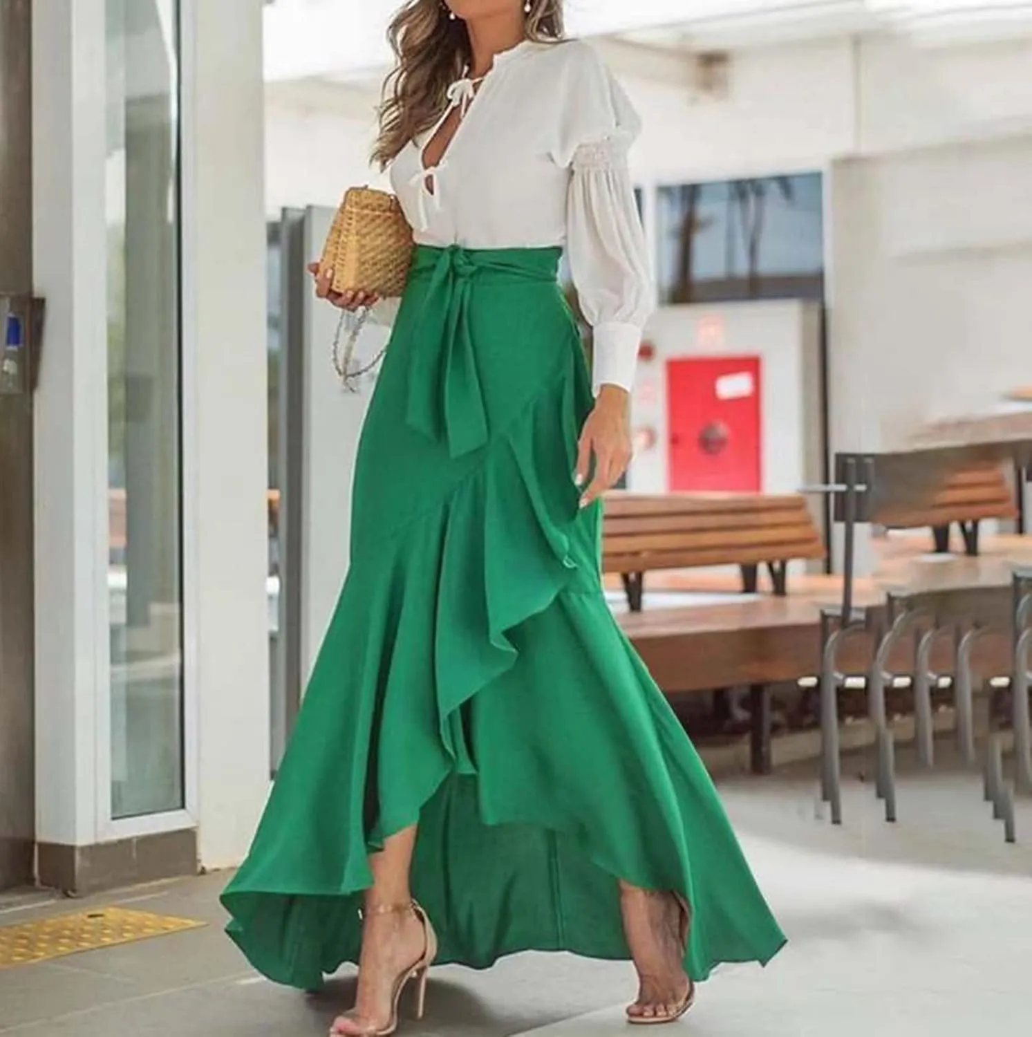Maxi Skirts for Women High Waisted Ruffle Hem Elastic Business Casual Skirts Tie Split Flowy Solid Mermaid Skirts