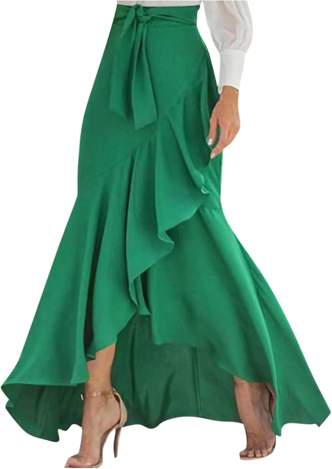 Maxi Skirts for Women High Waisted Ruffle Hem Elastic Business Casual Skirts Tie Split Flowy Solid Mermaid Skirts