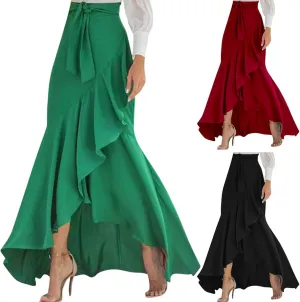 Maxi Skirts for Women High Waisted Ruffle Hem Elastic Business Casual Skirts Tie Split Flowy Solid Mermaid Skirts