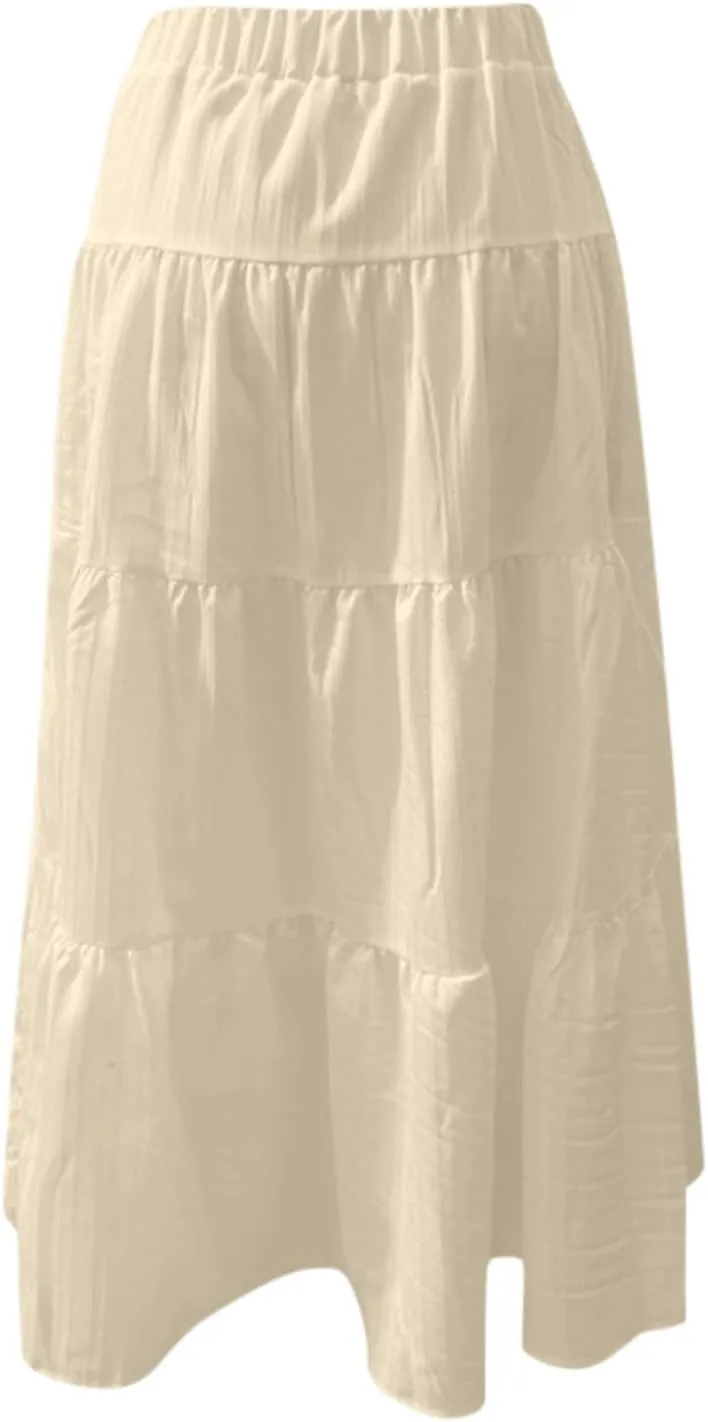 Maxi Skirts for Women with Pockets Cotton Linen Casual Boho Ruffled Tiered Long Skirt Flowy Summer Beach Skorts