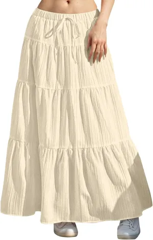Maxi Skirts for Women with Pockets Cotton Linen Casual Boho Ruffled Tiered Long Skirt Flowy Summer Beach Skorts