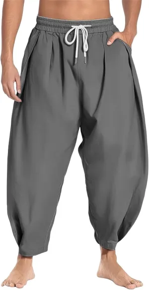 Men Baggy Aladdin Harem Pants Pleated Cinch Bottom Breathable Hippie Pants Stretchy Lightweight Drop Crotch Trousers