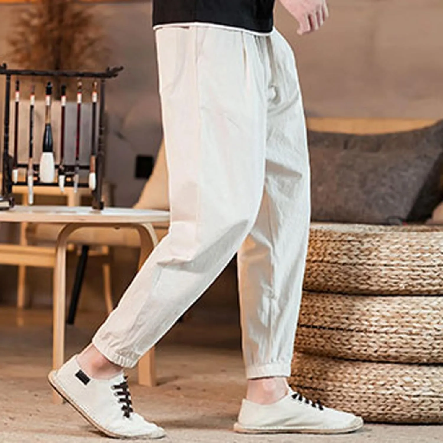 Men Hippie Harem Drawstring Pants Summer Baggy Boho Solid Yoga Pants Loose Casual Drop Crotch Trouser with Pockets