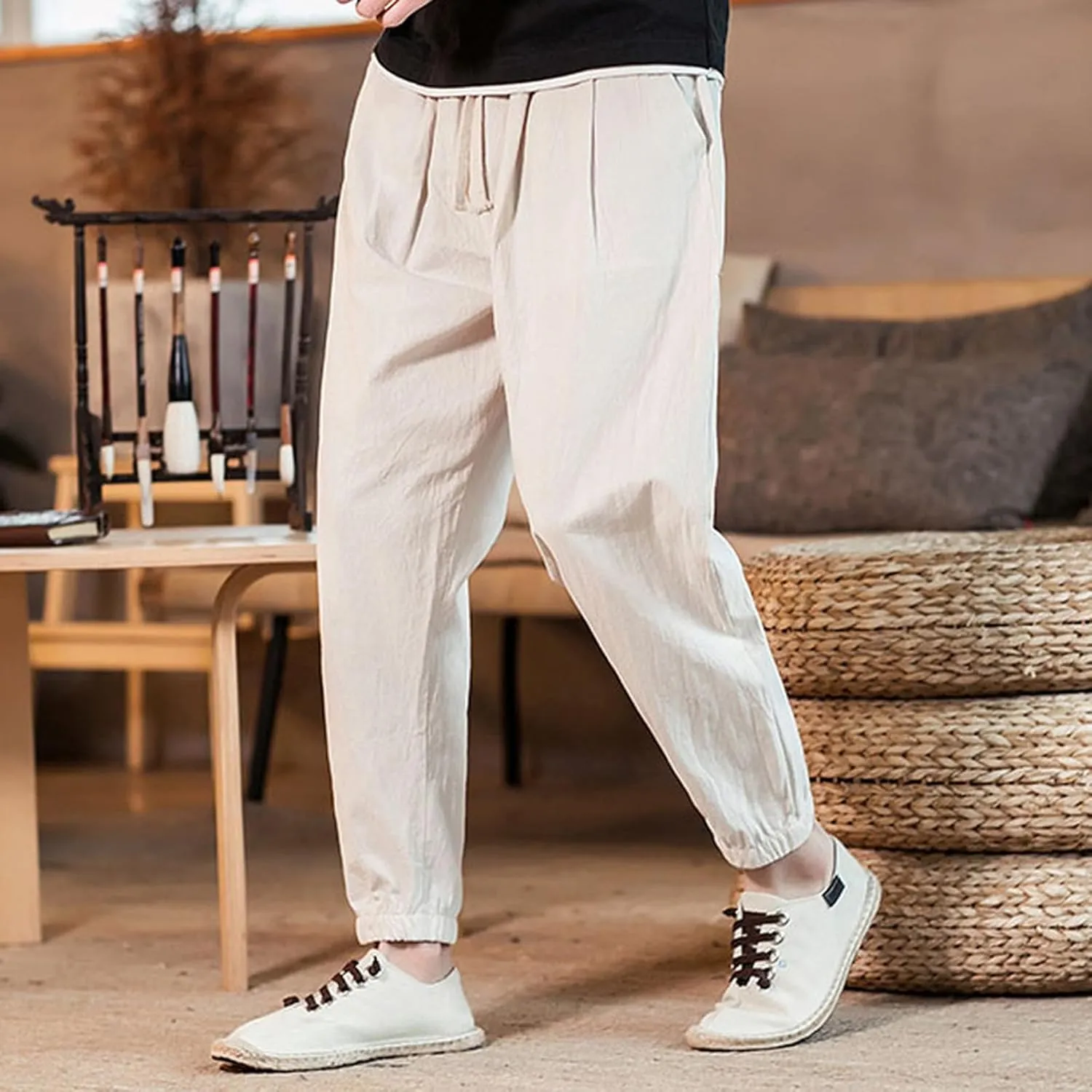 Men Hippie Harem Drawstring Pants Summer Baggy Boho Solid Yoga Pants Loose Casual Drop Crotch Trouser with Pockets