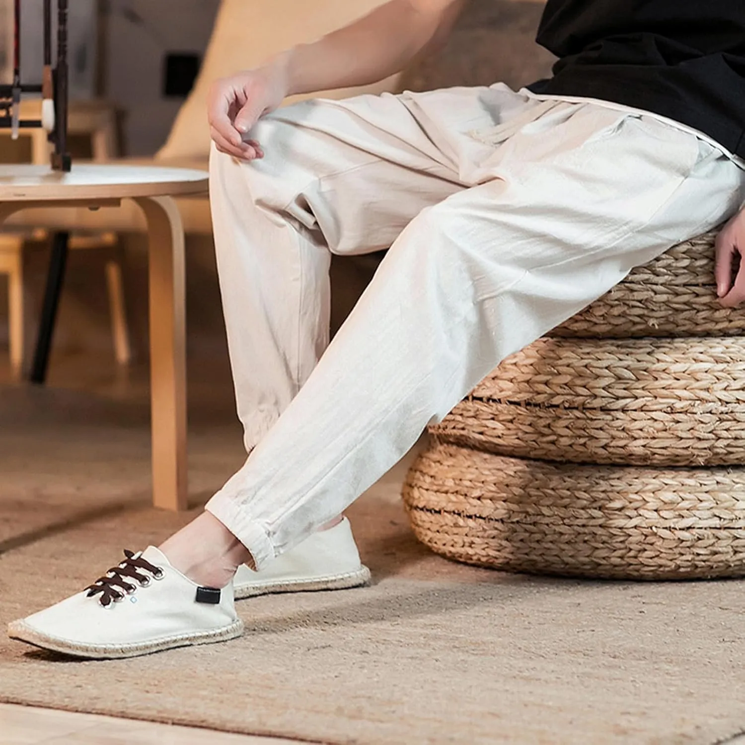 Men Hippie Harem Drawstring Pants Summer Baggy Boho Solid Yoga Pants Loose Casual Drop Crotch Trouser with Pockets