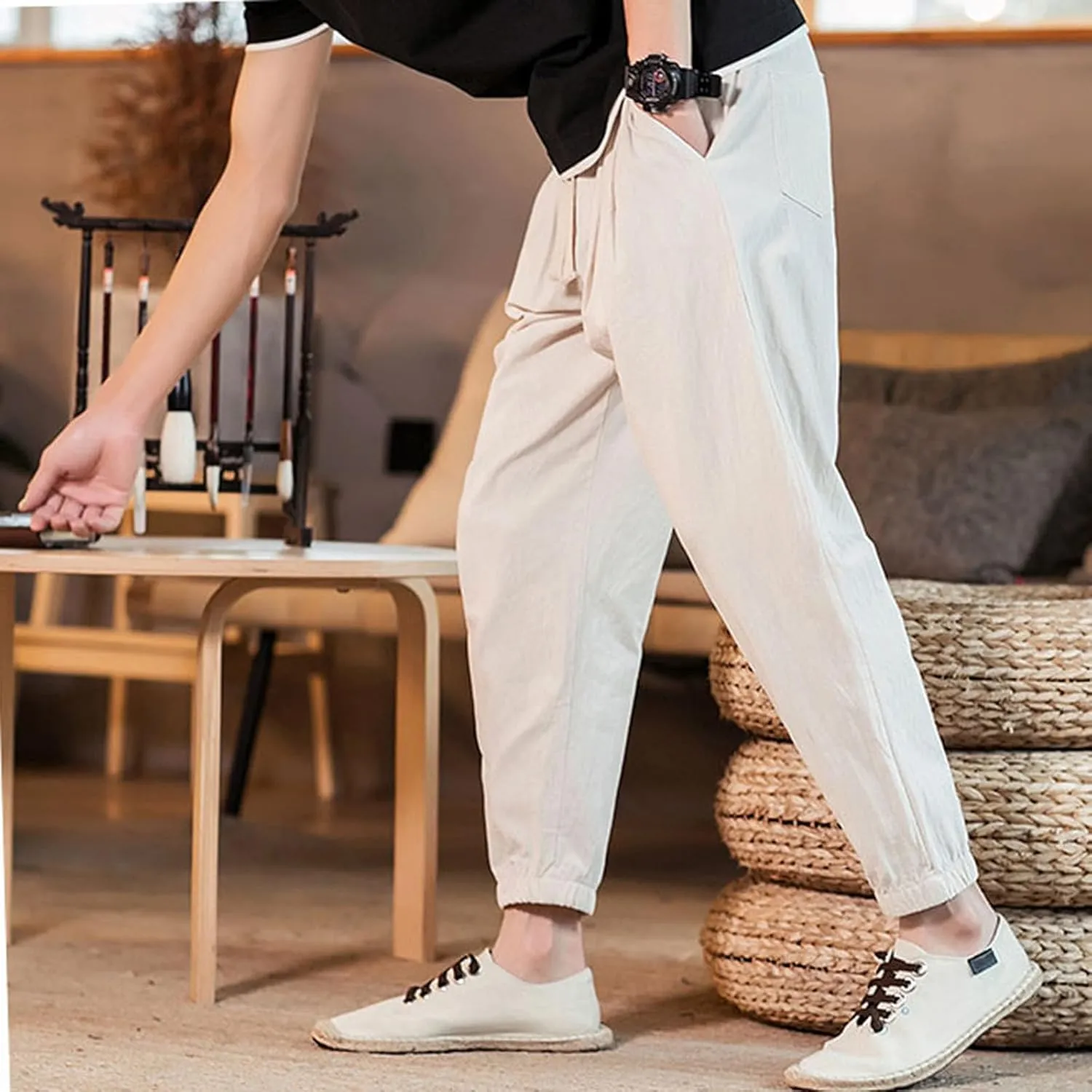 Men Hippie Harem Drawstring Pants Summer Baggy Boho Solid Yoga Pants Loose Casual Drop Crotch Trouser with Pockets