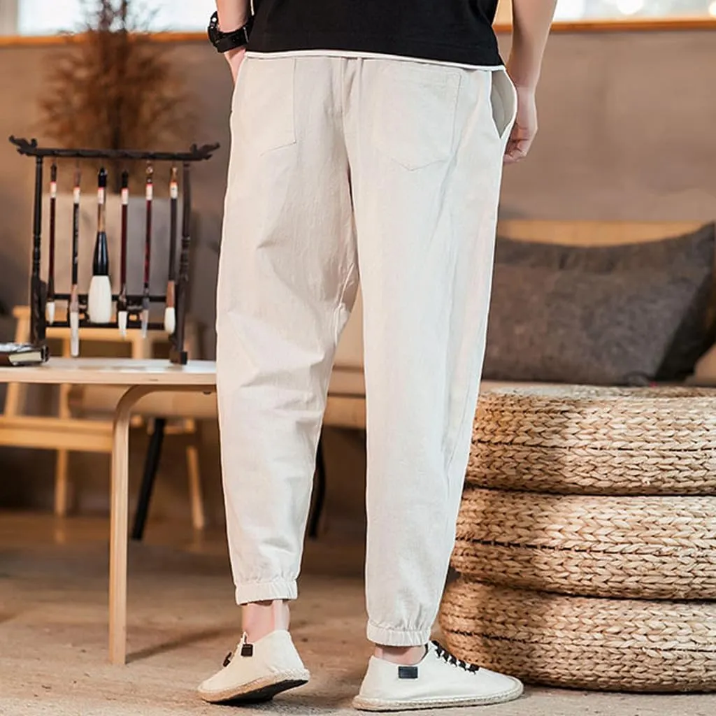 Men Hippie Harem Drawstring Pants Summer Baggy Boho Solid Yoga Pants Loose Casual Drop Crotch Trouser with Pockets