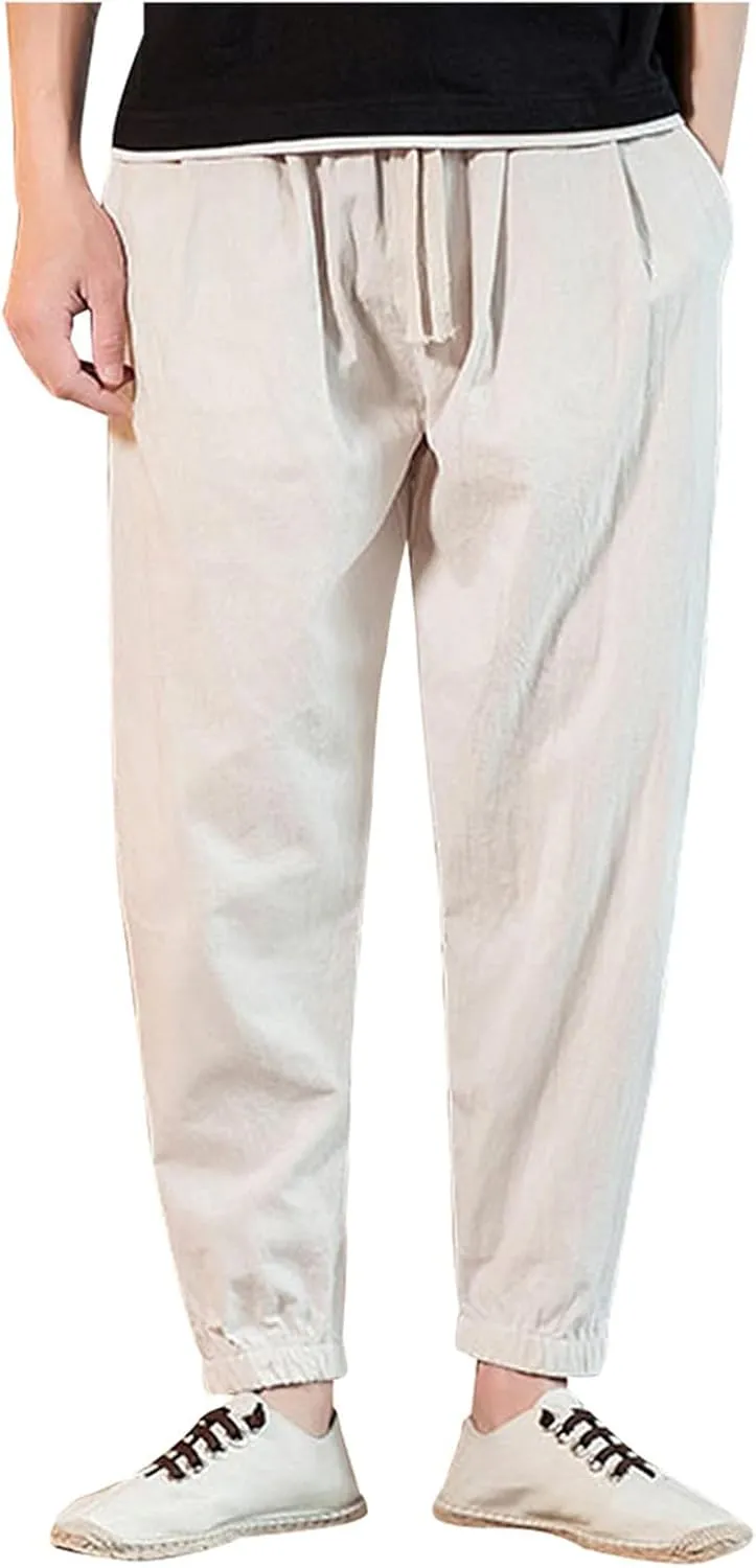 Men Hippie Harem Drawstring Pants Summer Baggy Boho Solid Yoga Pants Loose Casual Drop Crotch Trouser with Pockets