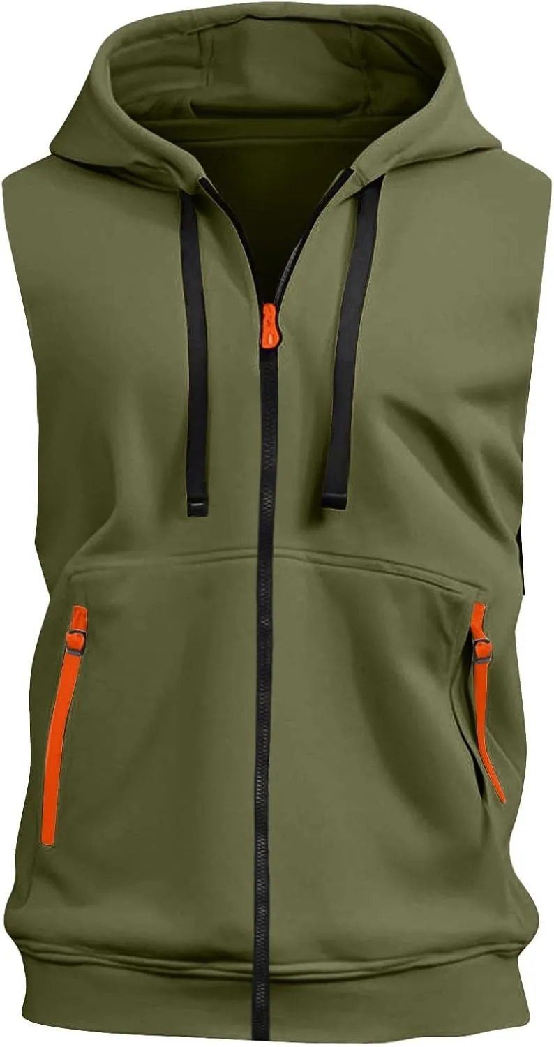 Men Sleeveless Hoodie Zip Up Drawstring Hooded Tank Top Solid Workout Bodybuilding Muscle Vests with Pockets