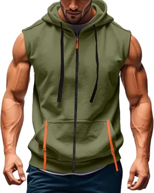 Men Sleeveless Hoodie Zip Up Drawstring Hooded Tank Top Solid Workout Bodybuilding Muscle Vests with Pockets
