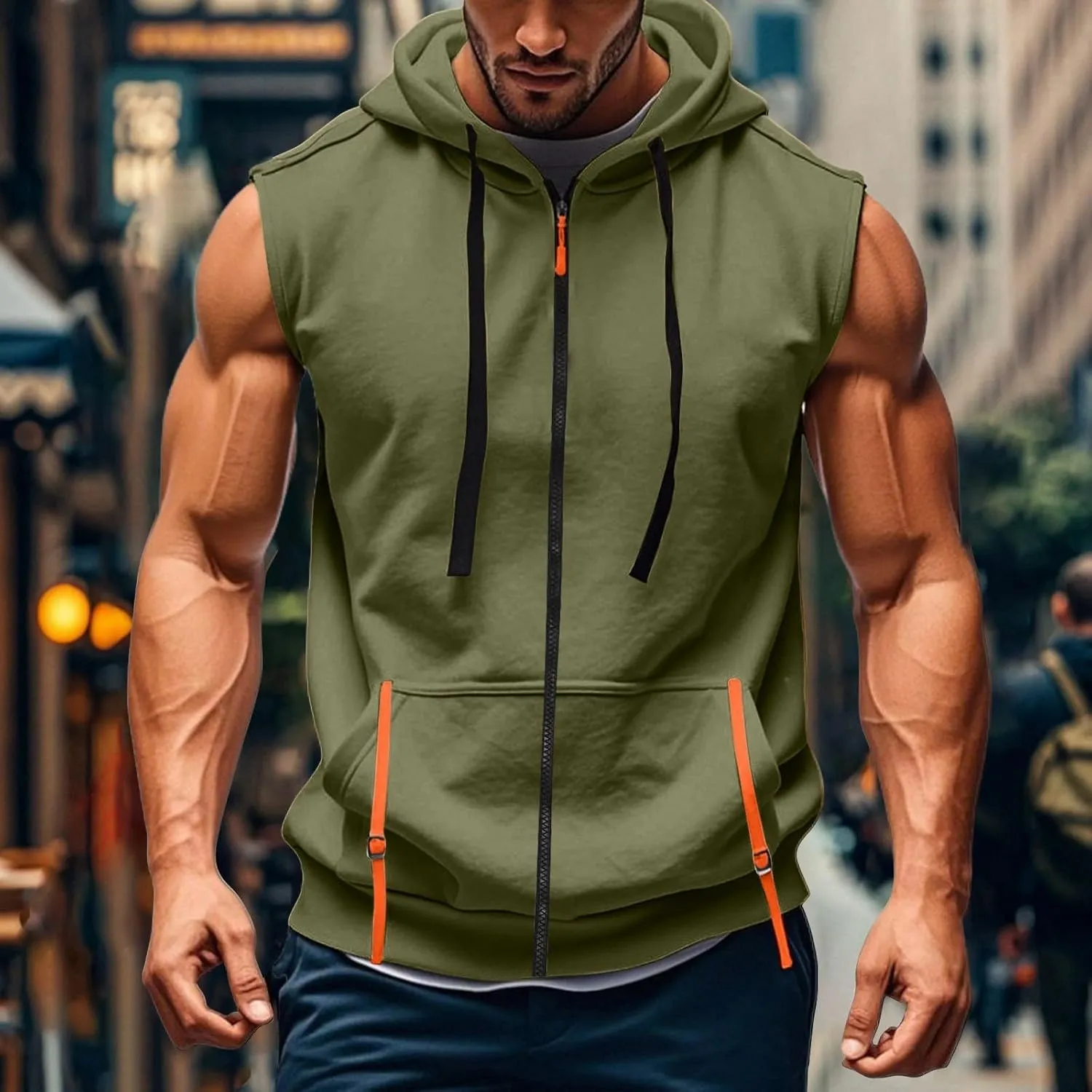 Men Sleeveless Hoodie Zip Up Drawstring Hooded Tank Top Solid Workout Bodybuilding Muscle Vests with Pockets