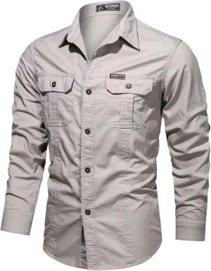 Men's Cargo Shirts Long Sleeve Casual Button Down Military Tactical Shirts Outdoor Lightweight Sun Protection Hiking Shirts