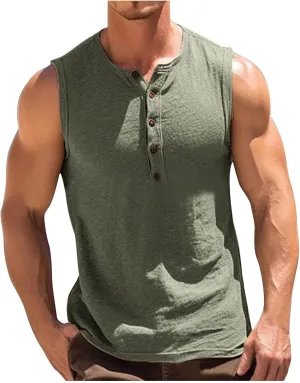 Men's Casual Tank Top Henley Shirt Summer Beach Hippie Shirt Half Button Sleeveless Muscle T Shirts Quick Dry Fitness Shirt