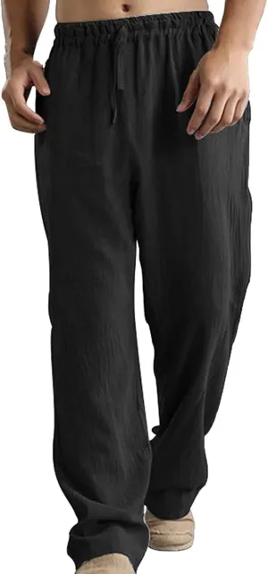Mens Cotton Linen Pants Summer Drawstring Trousers Elastic Waist Casual Jogger Loose Beach Yoga Pants Solid Sweatpants