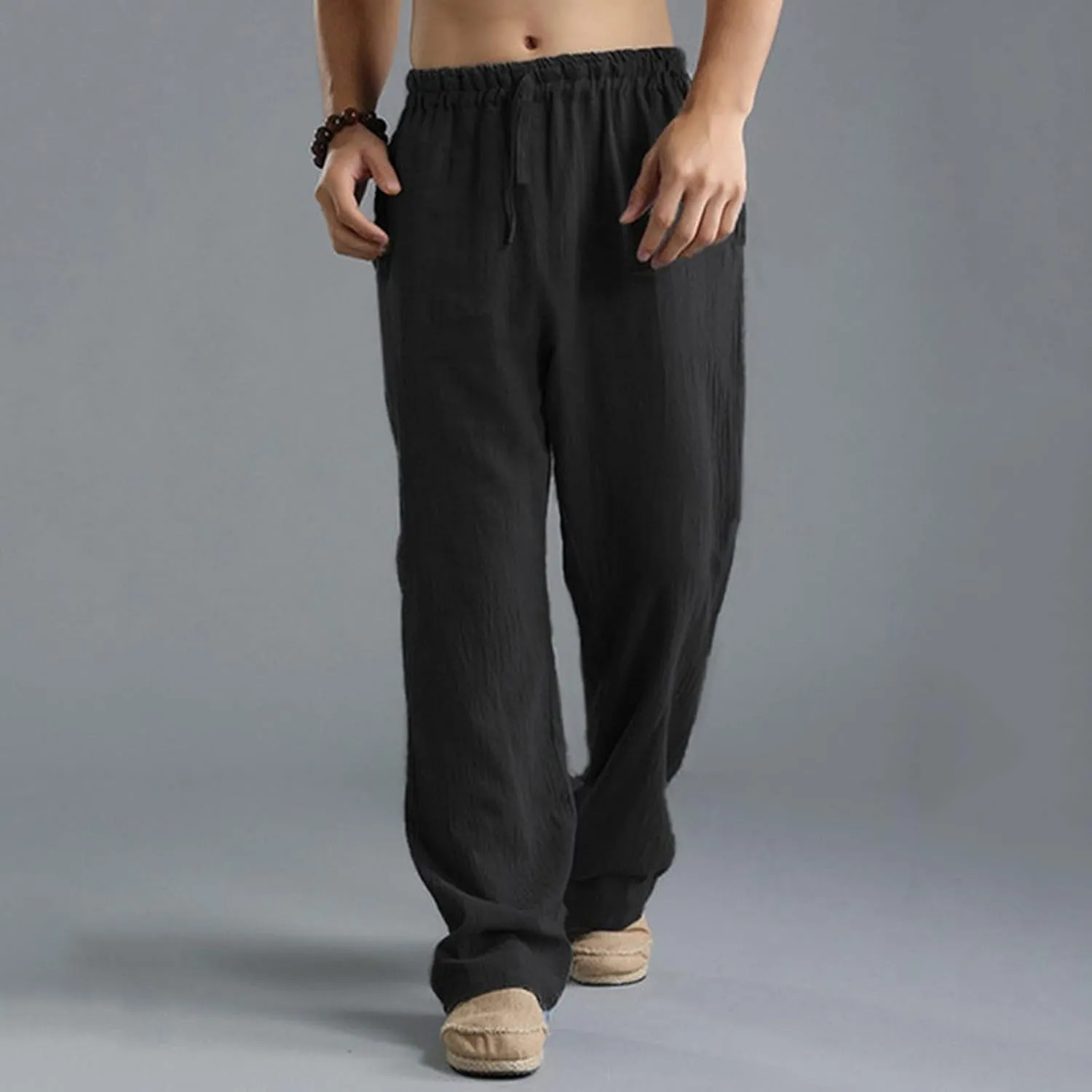 Mens Cotton Linen Pants Summer Drawstring Trousers Elastic Waist Casual Jogger Loose Beach Yoga Pants Solid Sweatpants