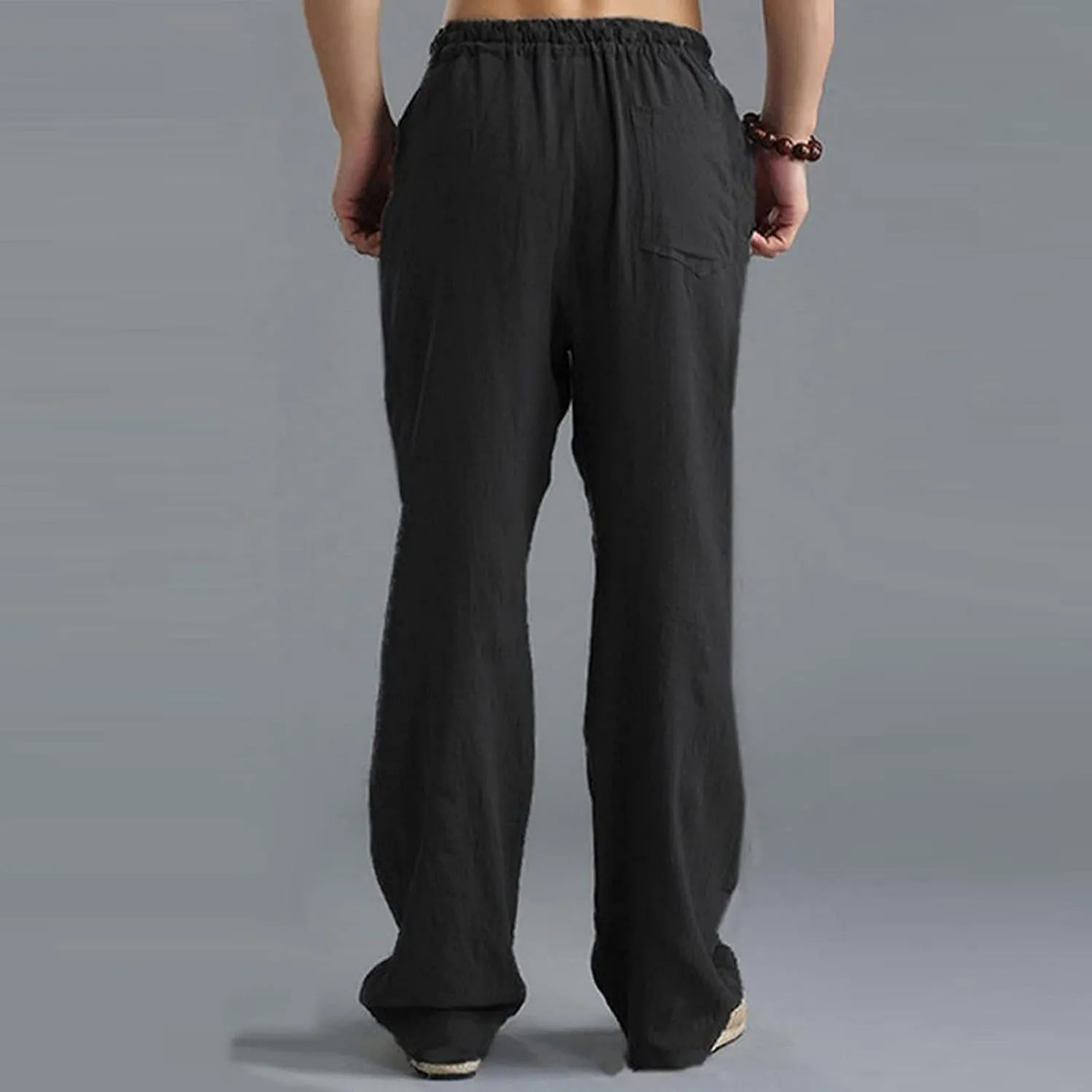 Mens Cotton Linen Pants Summer Drawstring Trousers Elastic Waist Casual Jogger Loose Beach Yoga Pants Solid Sweatpants