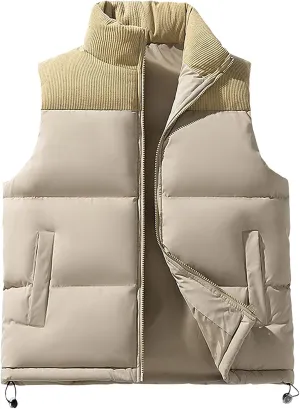 Men's Down Vests Full Zip Up Thick Cotton Windproof Stand Collar Solid Color Lightweight Jackets Sleeveless Coat