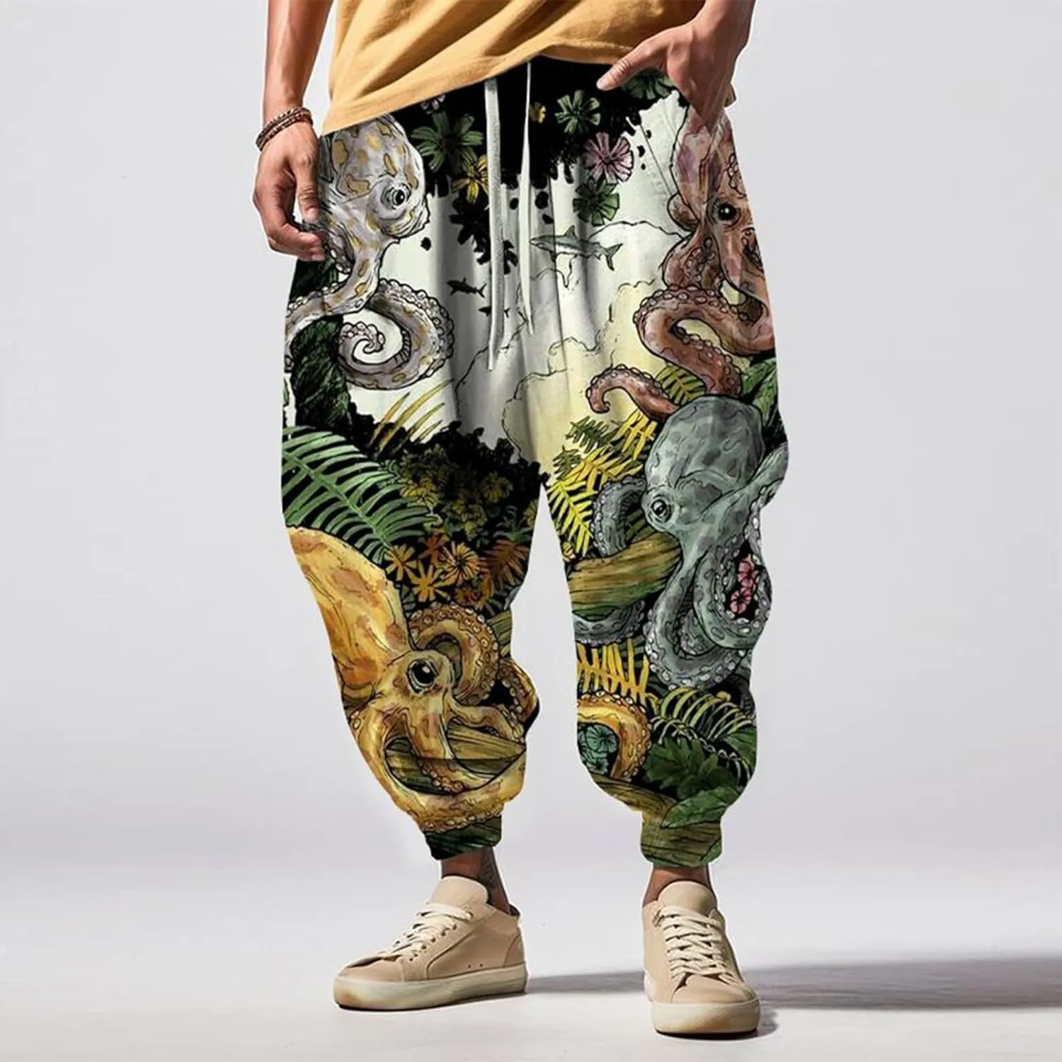 Mens Funky Print Hip Hop Harem Yoga Pants Big and Tall Casual Lounge Pants Elastic Waist Drop Crotch Hippie Trousers