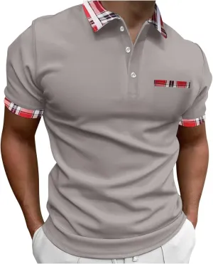 Men's Golf Polo Shirts Fashion Checked Collared Dressy Smart T-Shirts Quick Dry Performance Pique Jersey Shirt Top