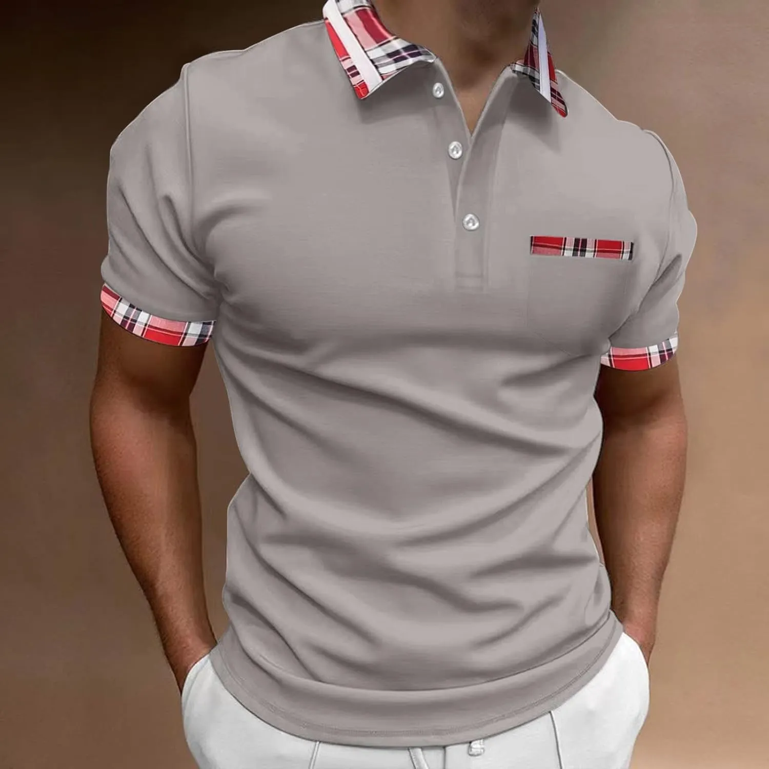 Men's Golf Polo Shirts Fashion Checked Collared Dressy Smart T-Shirts Quick Dry Performance Pique Jersey Shirt Top