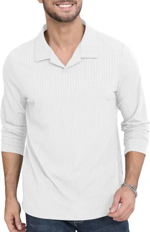 Men's Knit Polo Shirts Casual V Neck T-Shirts Stylish Golf Polo Shirts Ribbed Soft Tee