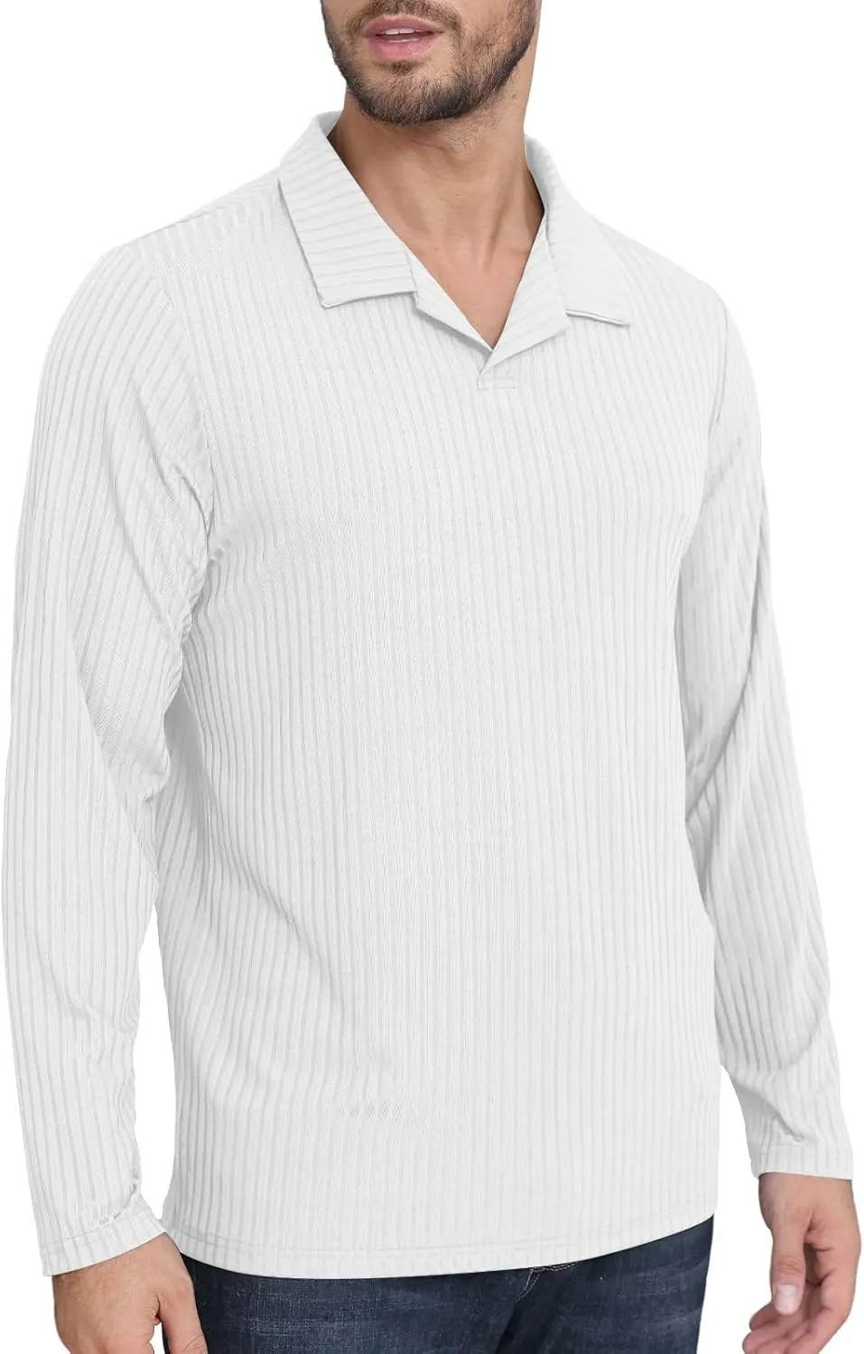 Men's Knit Polo Shirts Casual V Neck T-Shirts Stylish Golf Polo Shirts Ribbed Soft Tee