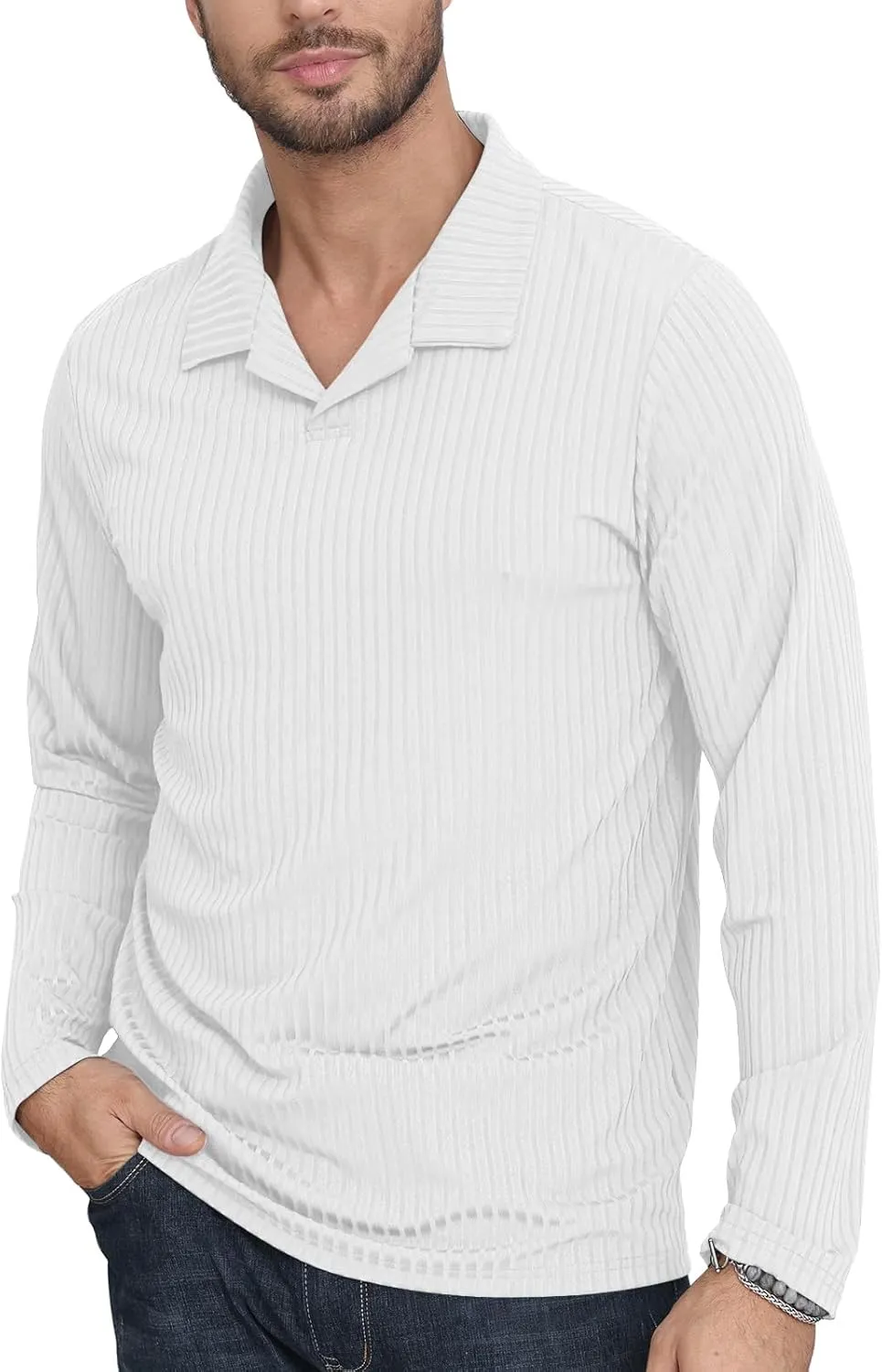 Men's Knit Polo Shirts Casual V Neck T-Shirts Stylish Golf Polo Shirts Ribbed Soft Tee